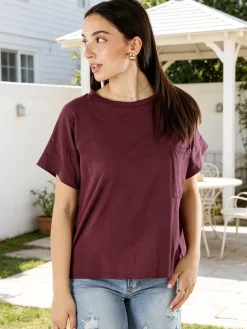 Solada T-shirt donna oversize in cotone con taschino - bordeaux