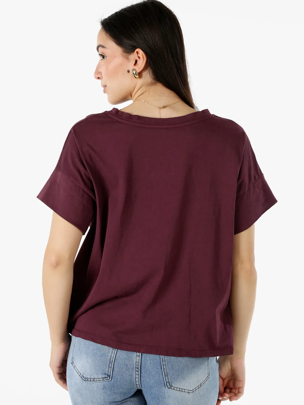 Solada T-shirt donna oversize in cotone con taschino - bordeaux