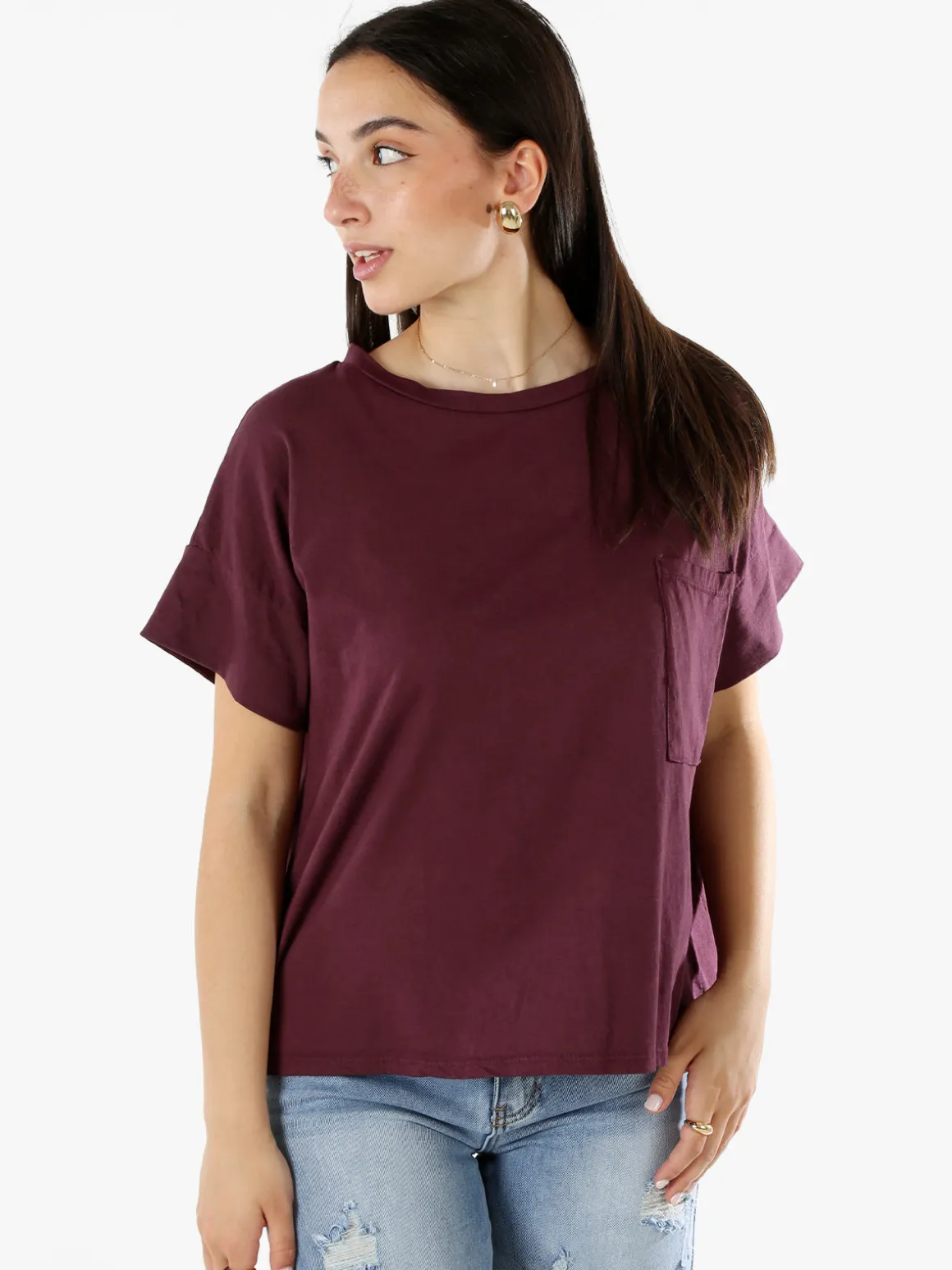 Solada T-shirt donna oversize in cotone con taschino - bordeaux