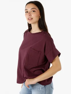 Solada T-shirt donna oversize in cotone con taschino - bordeaux