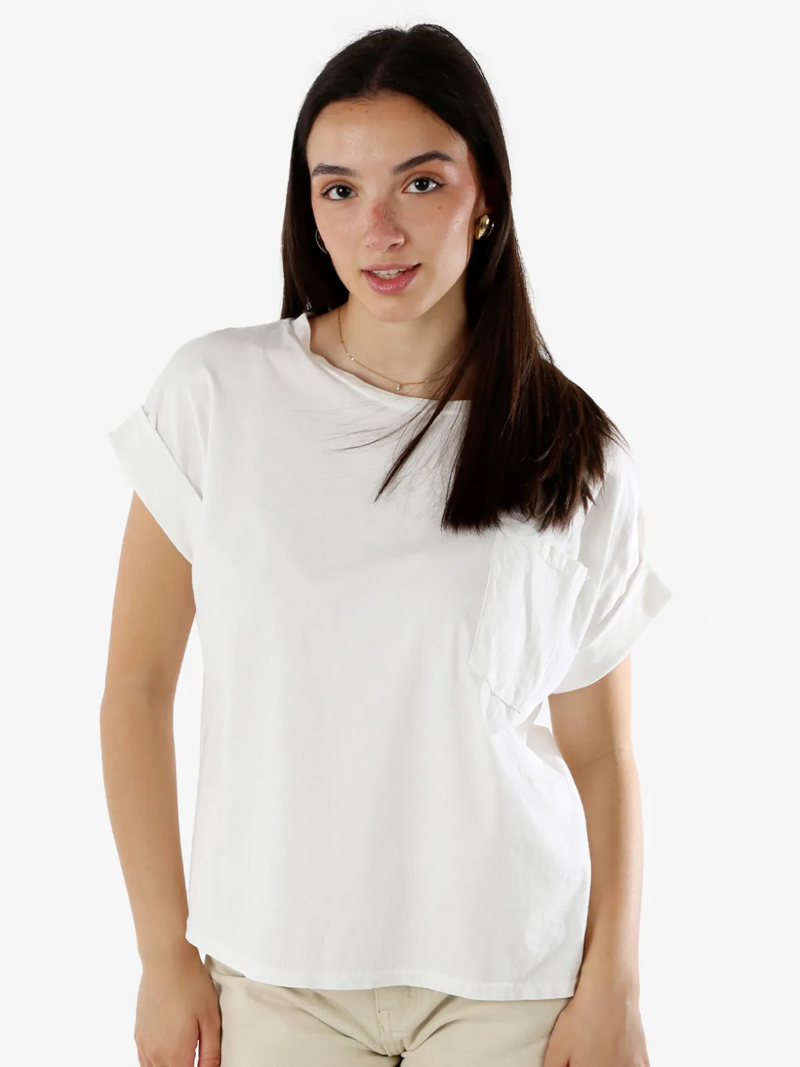 Solada T-shirt donna oversize in cotone con taschino - bianco