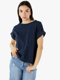 Solada T-shirt donna oversize in cotone con taschino - blu scuro