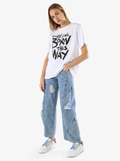 Solada T-shirt donna oversize con spalline imbottite e stampa - bianco