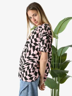 Solada T-shirt donna oversize con stampe geometriche bicolore e taschino sulla manica - rosa