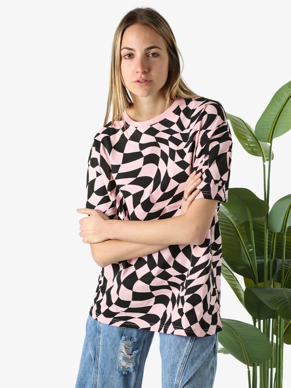 Solada T-shirt donna oversize con stampe geometriche bicolore e taschino sulla manica - rosa