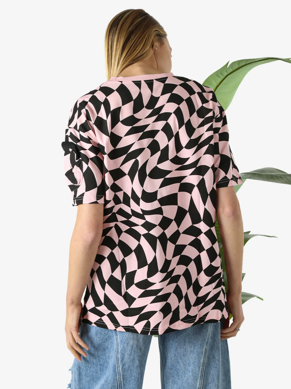 Solada T-shirt donna oversize con stampe geometriche bicolore e taschino sulla manica - rosa
