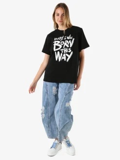 Solada T-shirt donna oversize con spalline imbottite e stampa - nero