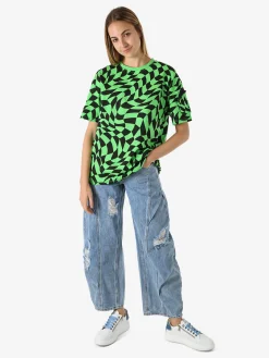 Solada T-shirt donna oversize con stampe geometriche bicolore e taschino sulla manica - verde
