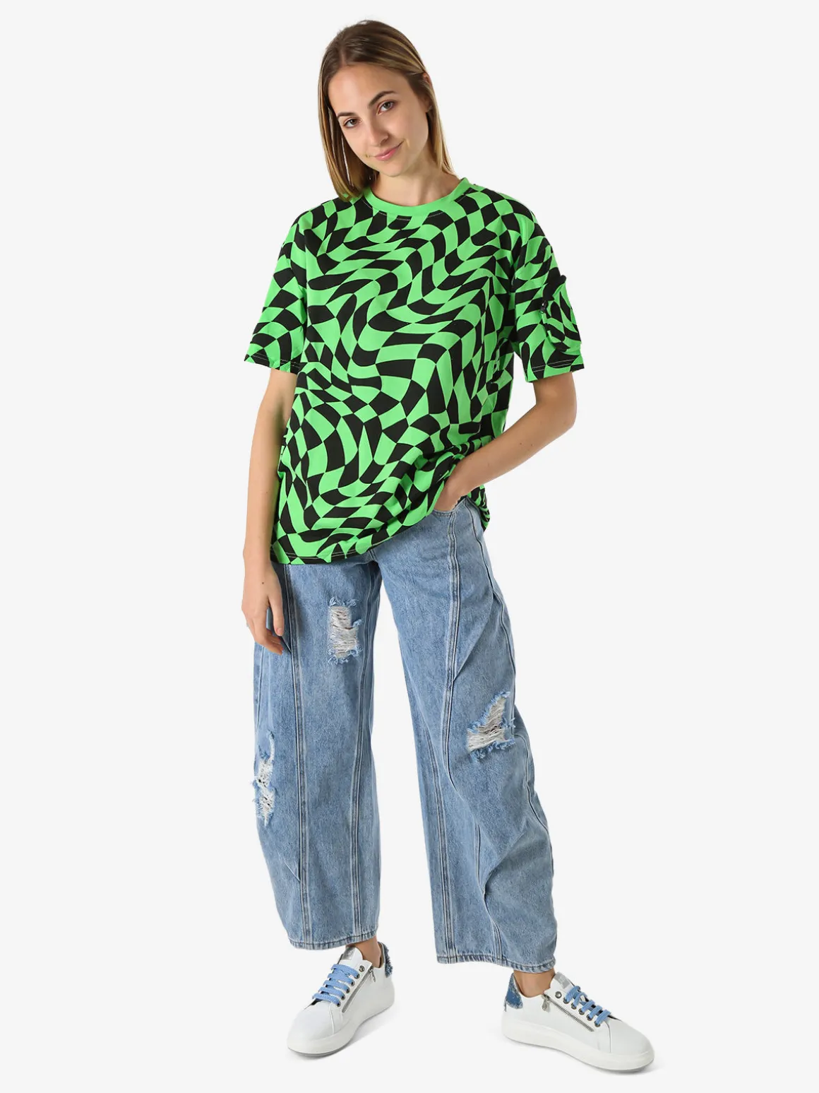 Solada T-shirt donna oversize con stampe geometriche bicolore e taschino sulla manica - verde