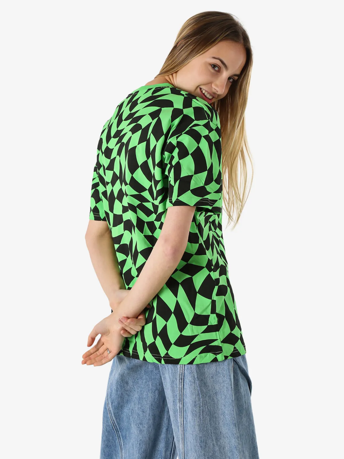 Solada T-shirt donna oversize con stampe geometriche bicolore e taschino sulla manica - verde