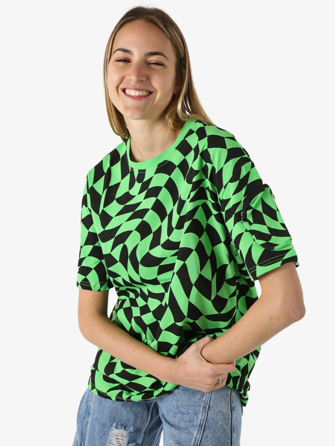 Solada T-shirt donna oversize con stampe geometriche bicolore e taschino sulla manica - verde