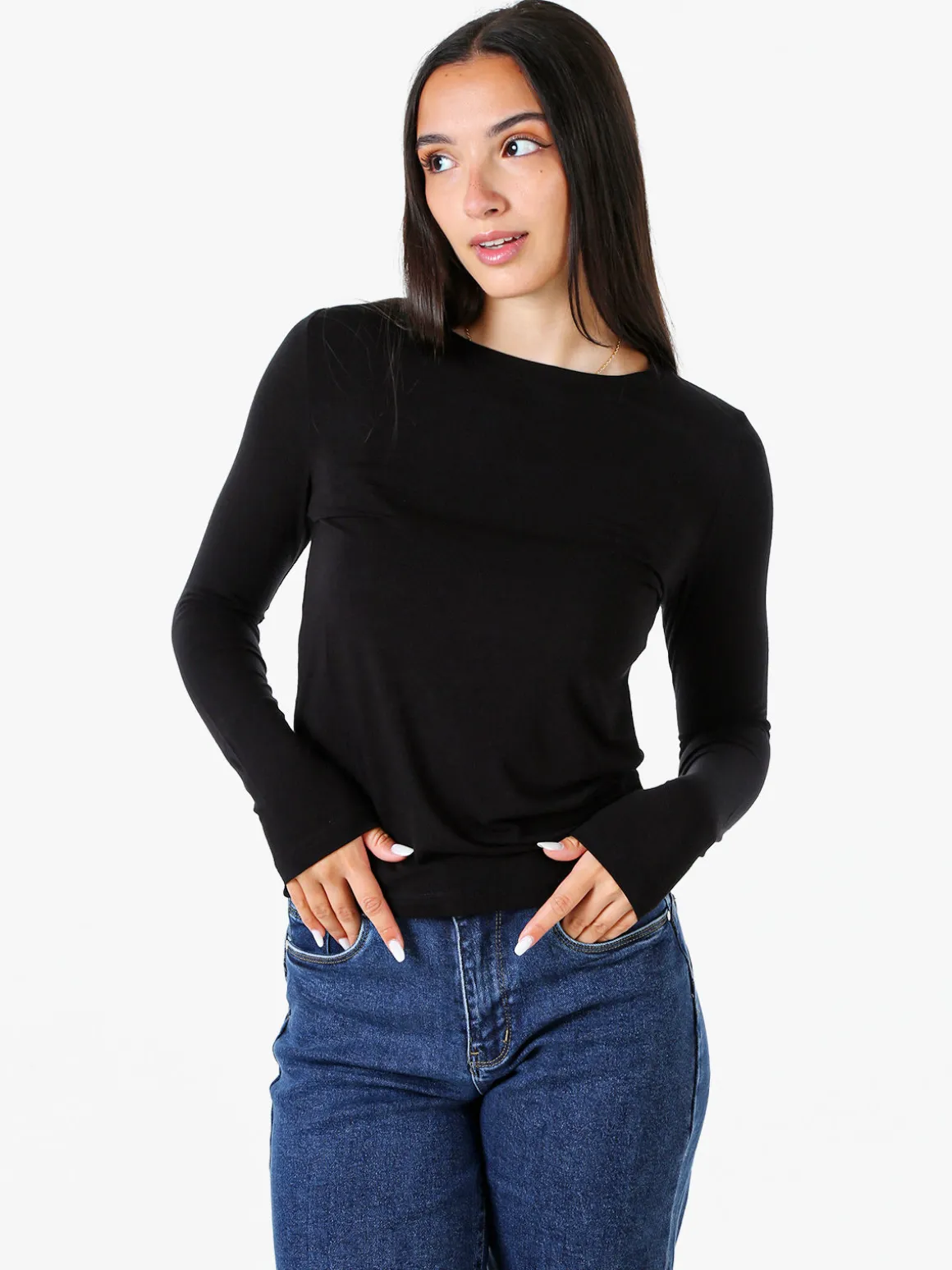 Solada T-shirt girocollo da donna a maniche lunghe - nero