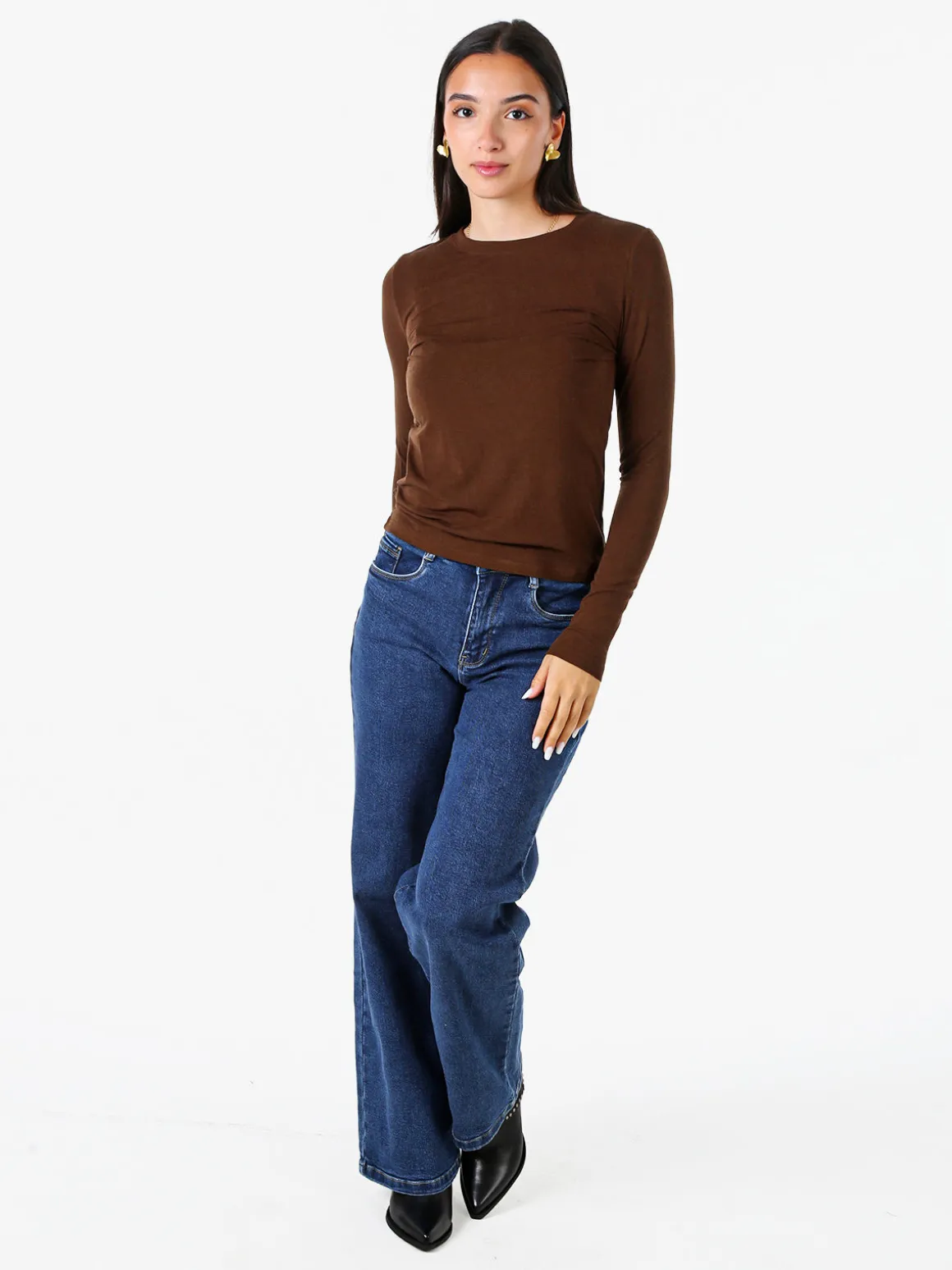 Solada T-shirt girocollo da donna a maniche lunghe - moro