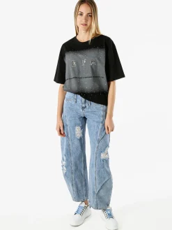 Solada T-shirt oversize da donna con lustrini e microborchie - nero