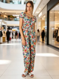 Solada Tuta jumpsuite da donna con stampa floreale e maniche corte - verde