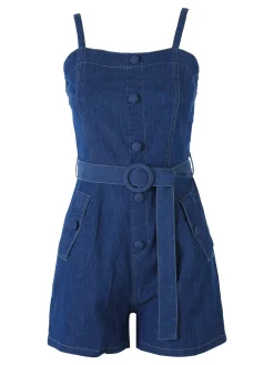 Solada Tuta jumpsuite da donna in jeans con cintura - blu scuro