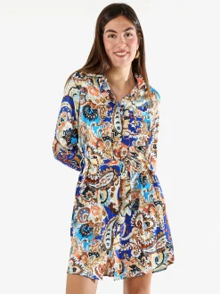 Solada Vestito donna a camicia con stampe a maniche lunghe e taschino - blu