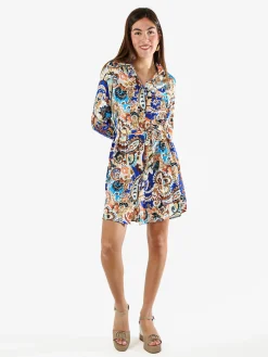 Solada Vestito donna a camicia con stampe a maniche lunghe e taschino - blu
