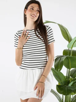 Solada Vestito donna a maniche corte con stampa a righe e gonna svasata - bianco
