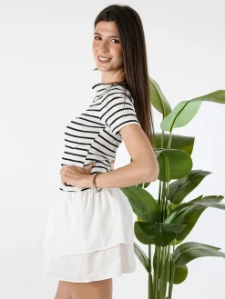 Solada Vestito donna a maniche corte con stampa a righe e gonna svasata - bianco