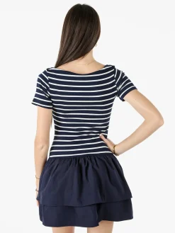 Solada Vestito donna a maniche corte con stampa a righe e gonna svasata - blu scuro