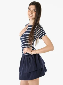 Solada Vestito donna a maniche corte con stampa a righe e gonna svasata - blu scuro