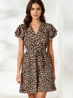 Solada Vestito donna animalier con maniche corte a volant - multicolore