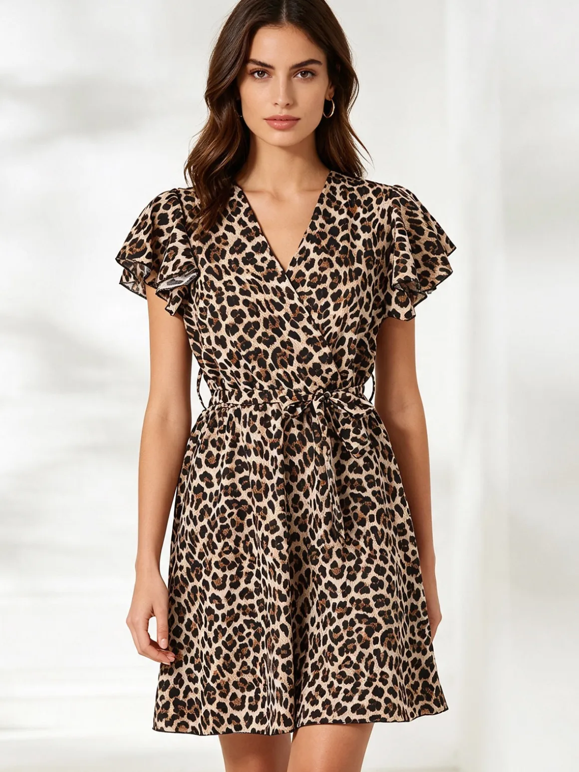 Solada Vestito donna animalier con maniche corte a volant - multicolore