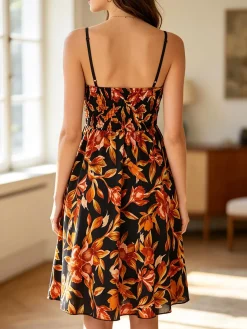 Solada Vestito donna floreale con spalline strette e coppe imbottite - nero
