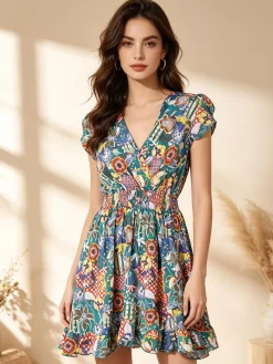 Solada Vestito donna in cotone a maniche corte con stampe colorate - verde