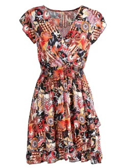 Solada Vestito donna in cotone a maniche corte con stampe colorate - nero