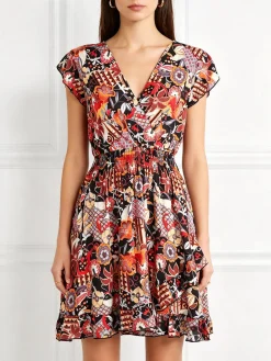 Solada Vestito donna in cotone a maniche corte con stampe colorate - nero