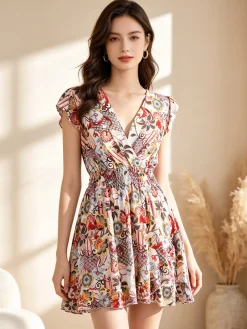 Solada Vestito donna in cotone a maniche corte con stampe colorate - bianco