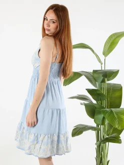 Solada Vestito donna in viscosa con spalline strette e ricami con lurex - azzurro