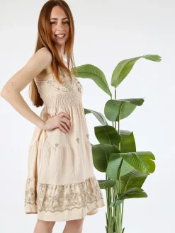 Solada Vestito donna in viscosa con spalline strette e ricami con lurex - beige