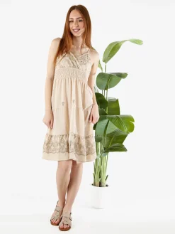 Solada Vestito donna in viscosa con spalline strette e ricami con lurex - beige