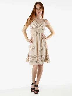 Solada Vestito donna in viscosa con spalline strette e ricami floreali - beige