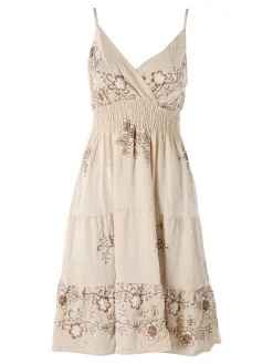 Solada Vestito donna in viscosa con spalline strette e ricami floreali - beige