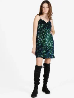 Solada Vestito donna midi in ciniglia con paillettes e spalline sottili