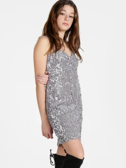 Solada Vestito donna midi in ciniglia con paillettes e spalline sottili