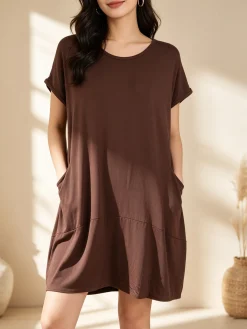 Solada Vestito maxi da donna a maniche corte con taschini - moro