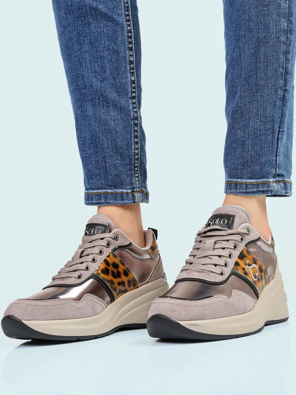Solo Soprani Sneakers donna con zeppa e dettagli animalier - taupe