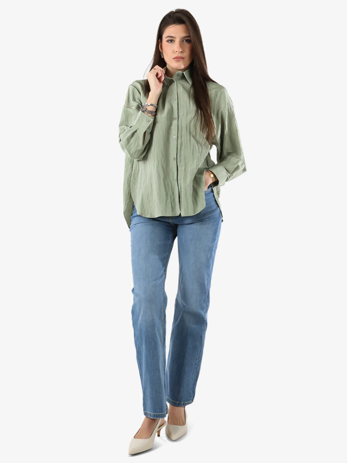 Studio Eleven Collection Camicia oversize da donna a maniche lunghe - pistacchio