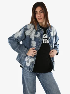 Studio Eleven Collection Giacca donna in jeans oversize con perline e paillettes - blu