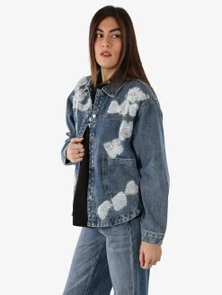 Studio Eleven Collection Giacca donna in jeans oversize con perline e paillettes - blu