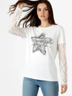 Studio Eleven Collection Maxi t-shirt da donna in cotone con maniche lunghe in pizzo - bianco
