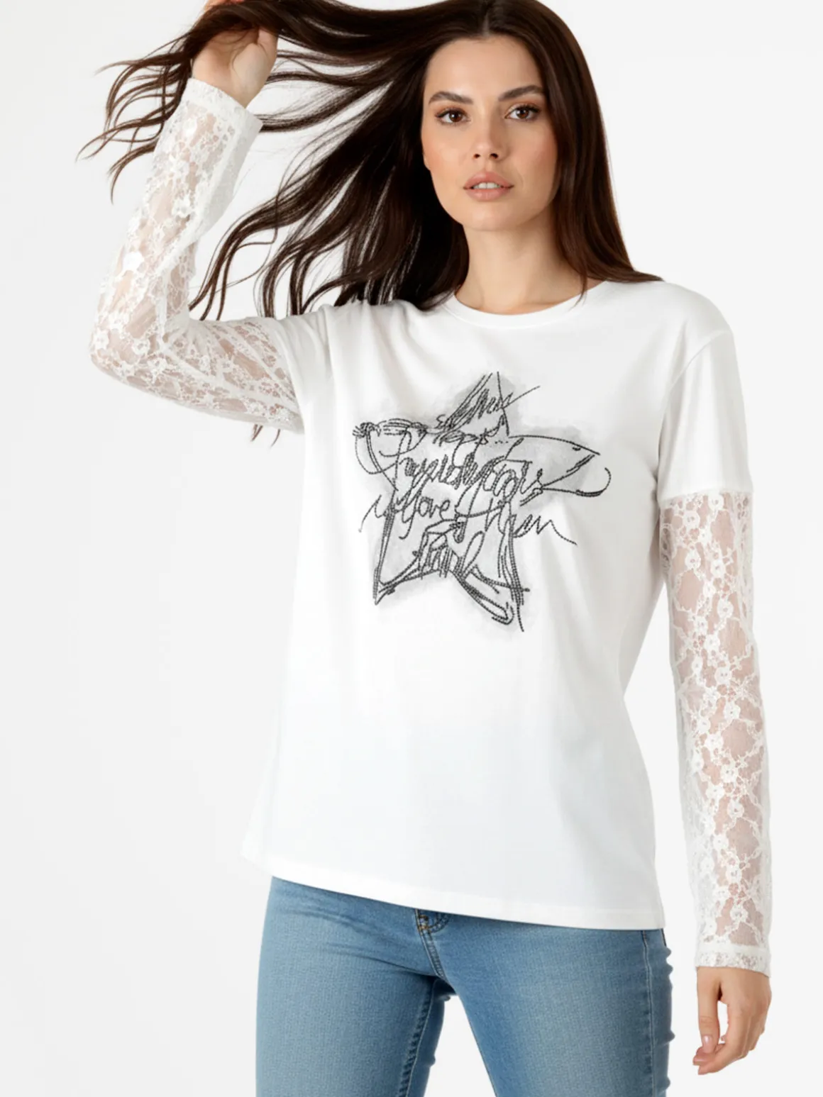 Studio Eleven Collection Maxi t-shirt da donna in cotone con maniche lunghe in pizzo - bianco