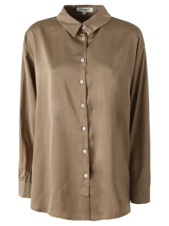 Studio Eleven Collection Maxi camicia da donna a maniche lunghe effetto raso - khaki