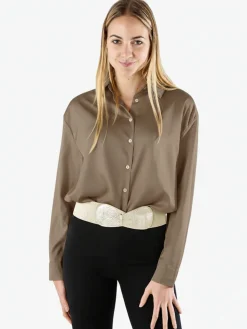 Studio Eleven Collection Maxi camicia da donna a maniche lunghe effetto raso - khaki