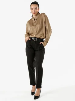 Studio Eleven Collection Maxi camicia da donna a maniche lunghe effetto raso - khaki